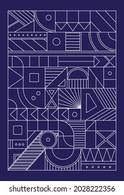 Abstrakte Geometrie-Kunst. Vektorgrafik. Weiß umrissene geometrische Elemente: Dreiecke, Kreise, Quadrate auf dunkelblauem Hintergrund. Konfektionierte Formen. Moderner linearer Druck für Textilien, Poster, Tapeten.
