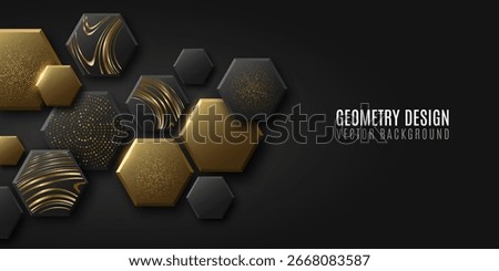 Abstract geometry background. Golden and black elegant 3D hexagons with metallic striped wavy pattern and glittering dotted texture. Design for greeting card or stylish fashion banner. Vector.