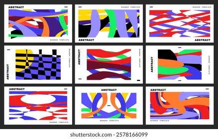 Abstract geometry banner set. Abstract shape, background collection. Horizontal poster template bundle. Colorful banner template pack, or promotion, advertisement, music fest. Art Illustration