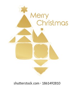 Abstract geometry Christmas tree with Merry Christmas. Xmas or holidays design with circle, triangle, square and star shapes and brush strokes. Gold color theme. 