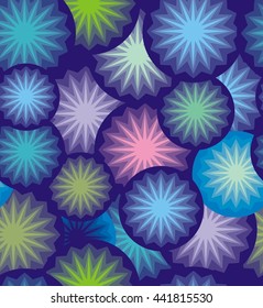  Abstract geometry of circles and stars. A seamless pattern of an abstract geometry of circles and stars pink, green, blue on a dark blue background.