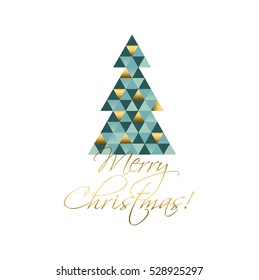 abstract geometry concept christmas tree vector illustration. green and gold luxury xmas tree image for cards and poster