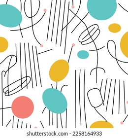 Geometría abstracta con líneas negras curvadas, círculos y óvalos de diferentes colores - Ilustración vectorial