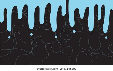 Abstract geometry design, wavy lines and water droplet shapes on the top with a blue isolated black background.