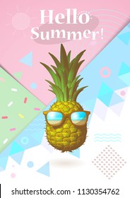 Abstract geometry element and engraving drawing pineapple illustration with sunglasses on colorful pastel background for summer event