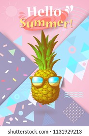 Abstract geometry element and engraving drawing pineapple illustration with sunglasses on colorful pastel background for summer event