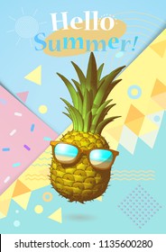 Abstract geometry element and engraving drawing pineapple illustration with sunglasses on colorful pastel background for summer event