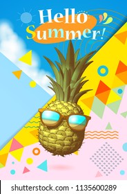 Abstract geometry element and engraving drawing pineapple illustration with sunglasses on colorful pastel background for summer event