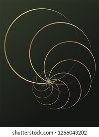 Abstract geometry. Golden ratio with   golden circles on dark green background