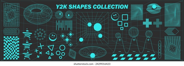 Abstract geometry hud wireframe shapes and patterns, cyberpunk elements, icon s and perspective grid s. Surreal geometric signs. Rave psychedelic futuristic Y2k acid aesthetic set. Vector illustration