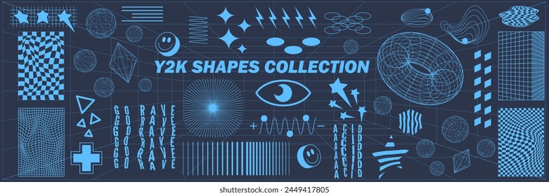 Abstract geometry hud wireframe shapes and patterns, cyberpunk elements, icon s and perspective grid s. Surreal geometric signs. Rave psychedelic futuristic Y2k acid aesthetic set. Vector illustration