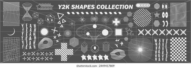 Abstract geometry hud wireframe shapes and patterns, cyberpunk elements, icon s and perspective grid s. Surreal geometric signs. Rave psychedelic futuristic Y2k acid aesthetic set. Vector illustration