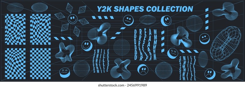 Abstract geometry hud wireframe shapes and patterns, cyberpunk elements, icon s and perspective grid s. Surreal geometric signs. Rave psychedelic futuristic Y2k acid aesthetic set. Vector illustration