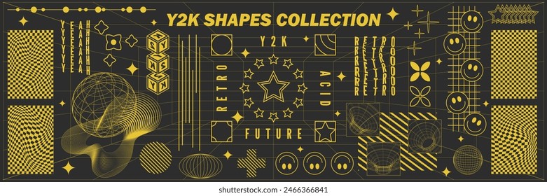 Abstract geometry hud wireframe shapes and patterns, cyberpunk elements, icon s and perspective grid s. Surreal geometric signs. Rave psychedelic futuristic Y2k acid aesthetic set. Vector illustration