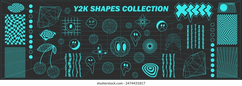 Abstract geometry hud wireframe shapes and patterns, cyberpunk elements, icon s and perspective grid s. Surreal geometric signs. Rave psychedelic futuristic Y2k acid aesthetic set. Vector illustration