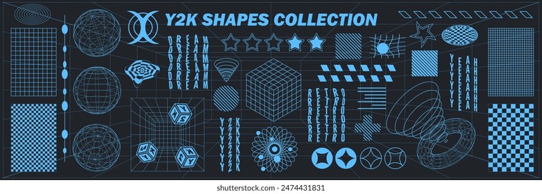 Abstract geometry hud wireframe shapes and patterns, cyberpunk elements, icon s and perspective grid s. Surreal geometric signs. Rave psychedelic futuristic Y2k acid aesthetic set. Vector illustration