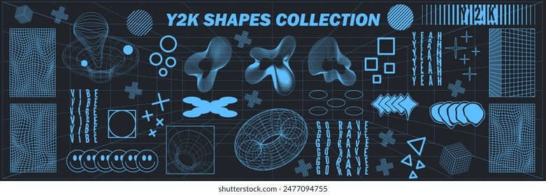 Geometría Abstractas hud Formas y patrones de alambres, Elementos cyberpunk, iconos y rejilla de perspectiva s. Signos geométricos surrealistas. Rave psicodélico futurista Y2k ácido conjunto de estética. Ilustración vectorial