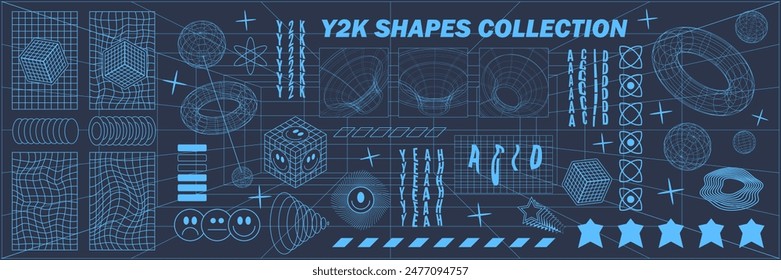 Abstract geometry hud wireframe shapes and patterns, cyberpunk elements, icon s and perspective grid s. Surreal geometric signs. Rave psychedelic futuristic Y2k acid aesthetic set. Vector illustration