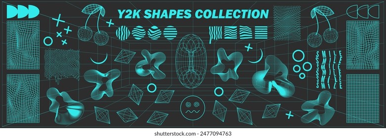 Abstract geometry hud wireframe shapes and patterns, cyberpunk elements, icon s and perspective grid s. Surreal geometric signs. Rave psychedelic futuristic Y2k acid aesthetic set. Vector illustration