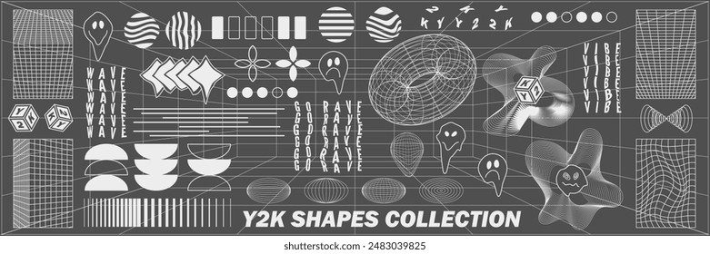 Abstract geometry hud wireframe shapes and patterns, cyberpunk elements, icon s and perspective grid s. Surreal geometric signs. Rave psychedelic futuristic Y2k acid aesthetic set. Vector illustration