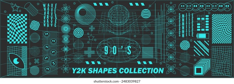 Abstract geometry hud wireframe shapes and patterns, cyberpunk elements, icon s and perspective grid s. Surreal geometric signs. Rave psychedelic futuristic Y2k acid aesthetic set. Vector illustration