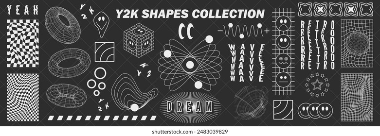 Abstract geometry hud wireframe shapes and patterns, cyberpunk elements, icon s and perspective grid s. Surreal geometric signs. Rave psychedelic futuristic Y2k acid aesthetic set. Vector illustration