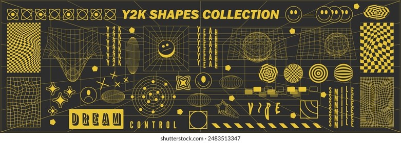 Abstract geometry hud wireframe shapes and patterns, cyberpunk elements, icon s and perspective grid s. Surreal geometric signs. Rave psychedelic futuristic Y2k acid aesthetic set. Vector illustration