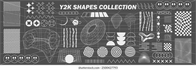 Abstract geometry hud wireframe shapes and patterns, cyberpunk elements, icon s and perspective grid s. Surreal geometric signs. Rave psychedelic futuristic Y2k acid aesthetic set. Vector illustration