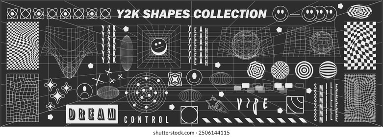 Abstrakte Geometrie hud Drahtmodell Formen und Muster, cyberpunk Elemente, Icons und perspektivische Gitter s. Surreale geometrische Zeichen. Rave psychedelische futuristische Y2k Säure ästhetische Set. Vektorgrafik