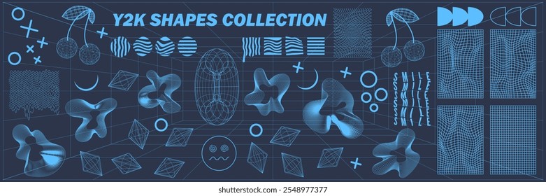 Abstract geometry hud wireframe shapes and patterns, cyberpunk elements, icon s and perspective grid s. Surreal geometric signs. Rave psychedelic futuristic Y2k acid aesthetic set. Vector illustration