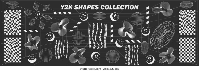 Abstract geometry hud wireframe shapes and patterns, cyberpunk elements, icon s and perspective grid s. Surreal geometric signs. Rave psychedelic futuristic Y2k acid aesthetic set. Vector illustration