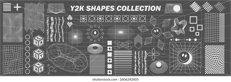Abstract geometry hud wireframe shapes and patterns, cyberpunk elements, icon s and perspective grid s. Surreal geometric signs. Rave psychedelic futuristic Y2k acid aesthetic set. Vector illustration