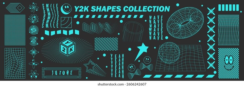 Abstract geometry hud wireframe shapes and patterns, cyberpunk elements, icon s and perspective grid s. Surreal geometric signs. Rave psychedelic futuristic Y2k acid aesthetic set. Vector illustration