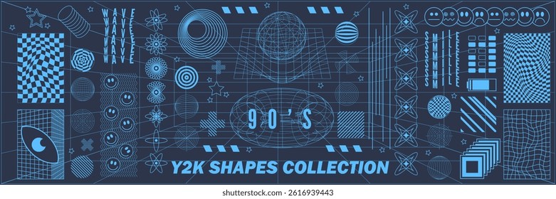 Abstract geometry hud wireframe shapes and patterns, cyberpunk elements, icon s and perspective grid s. Surreal geometric signs. Rave psychedelic futuristic Y2k acid aesthetic set. Vector illustration
