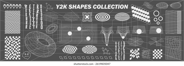 Geometria abstrata hud formas e padrões wireframe, elementos cyberpunk, ícone s e grade de perspectiva s. Sinais geométricos surreais. Conjunto estético de ácido Y2k futurista psicodélico Rave. Ilustração vetorial