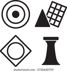 Conjunto de iconos de geometría Abstractas con Formas de círculo, triángulo, cuadrícula, cuadrado y pilar para diseño creativo e ilustración conceptual.