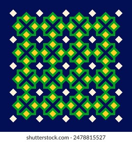 Abstract geometry illustration, symmetrical pattern of green, navy blue and yellow geometric shapes in Islamic style
