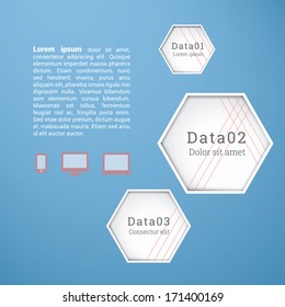 Abstract geometry infographic vector illustration with hexagon elements, minimal paper design - blue background version