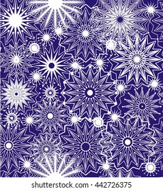  Abstract geometry of lines and stars. A seamless pattern of an abstract geometry of lines, dots and stars blue, white on a blue background.