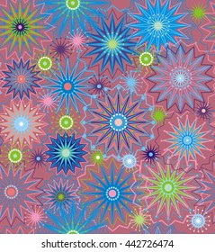  Abstract geometry of lines and stars. A seamless pattern of an abstract geometry of lines, dots and stars in pink, green, blue, white on a beige brown  background.