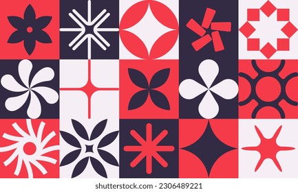 Abstract geometry mosaic artwork design with simple shapes and basic figures, pattern in Scandinavian style inspired by modernism aesthetics, vector illustration