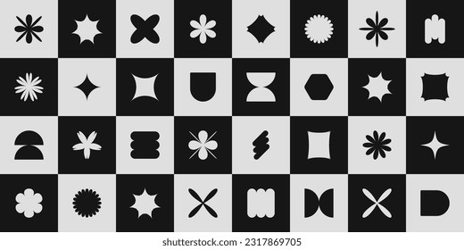 Abstract geometry mosaic with shapes, elements, figures. Modern  brutalism design cover of stars, flowers, simple forms on chessboard background. Vector illustration
