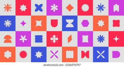 Abstract geometry mosaic with shapes, elements, figures. Modern  brutalism design cover of stars, flowers, simple forms on colorful chessboard background. Vector illustration