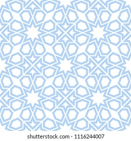 Abstract geometry pattern in Arabian style. Seamless vector background. White and blue graphic ornament. Simple lattice graphic design