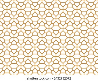 Abstract geometry pattern in Arabian style. Seamless vector background. White and gold graphic ornament. Simple lattice graphic design