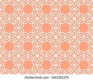 Abstract geometry pattern in Arabian style. Seamless vector background. White and pink graphic ornament. Simple lattice graphic design