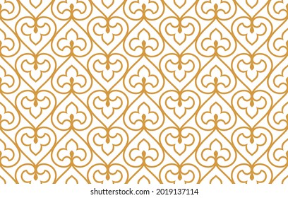 Abstract geometry pattern in Arabian style. Seamless vector background. White and gold graphic ornament. Simple lattice graphic design