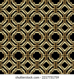 Patrón de geometría abstracta al estilo árabe. Fondo vectorial impecable. Ornamento gráfico dorado y negro. Diseño gráfico de letrinas simple