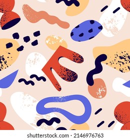 Abstract geometry pattern. Seamless background design with irregular shapes repeating print. Endless texture with creative random elements. Printable flat vector illustration for fabric, decoration