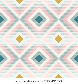 Abstract geometry in retro colors, diamond shapes geo pattern. Seamless vector pattern. Mint and coral pink background. Fashion fabric pattern design.